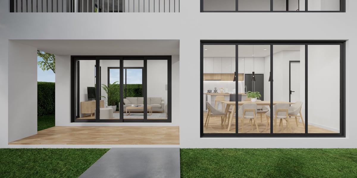 3D rendering of a residential interior with finished walls and flooring
