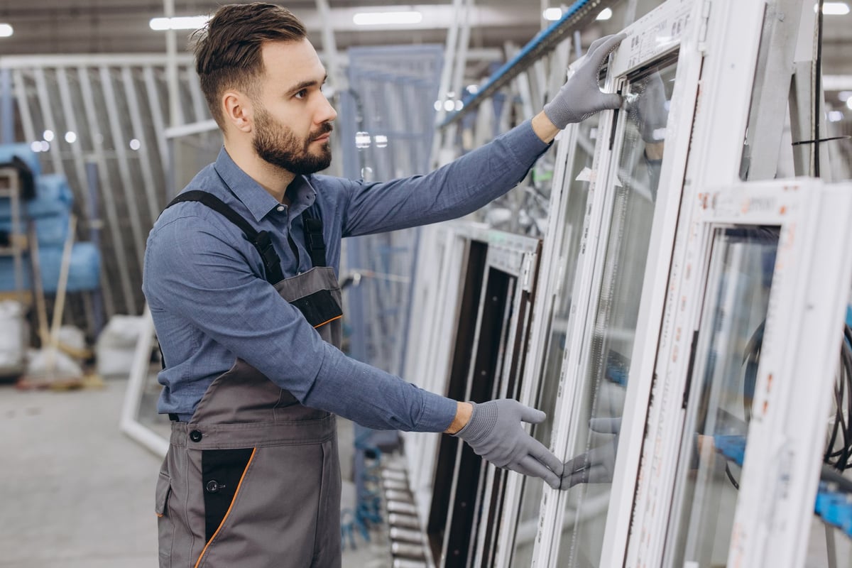 Technician inspecting aluminum and PVC window and door profiles in a manufacturing facility